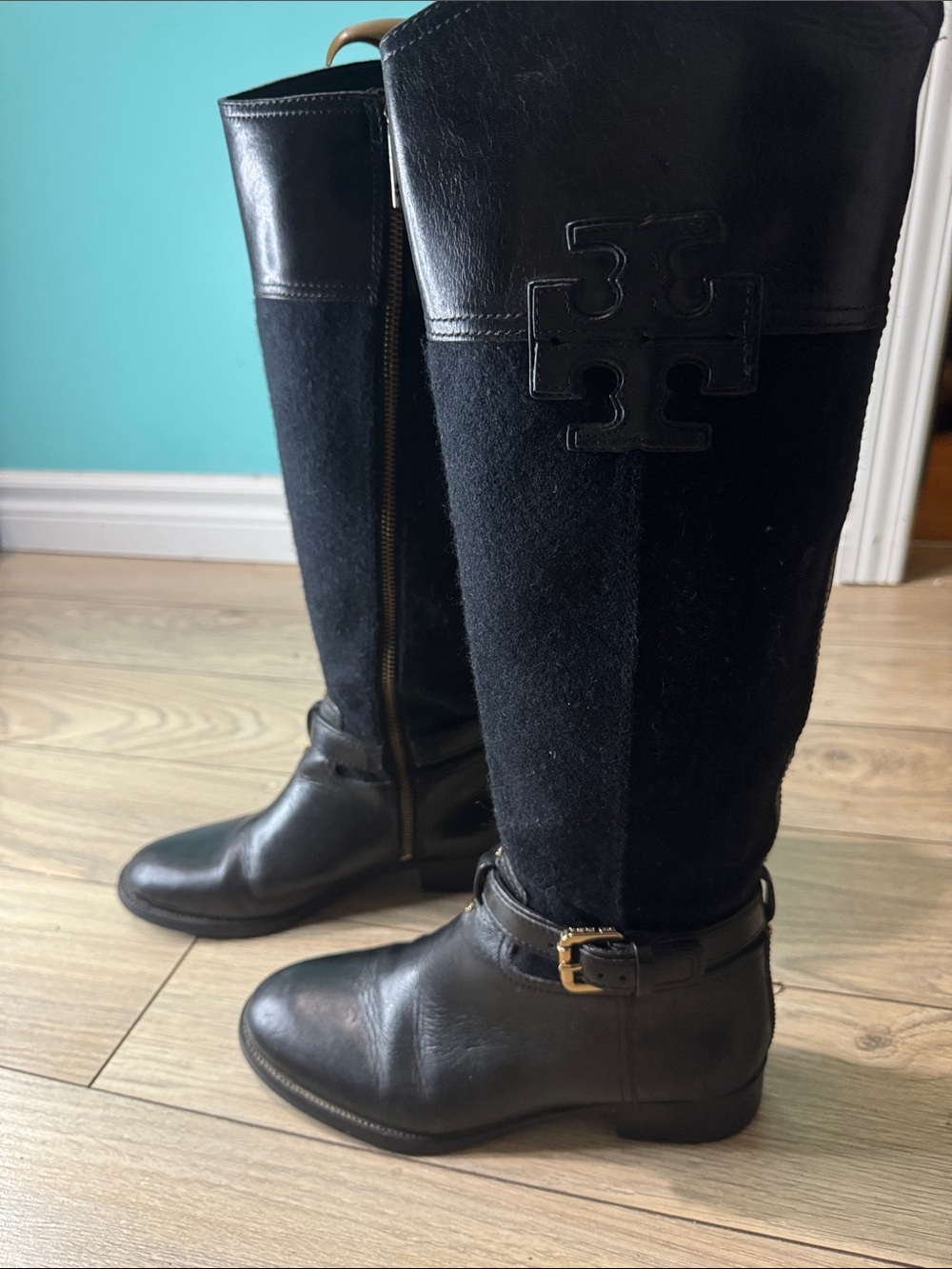 Tory Burch Black Leather & Wool Over-the-Knee Riding Boots